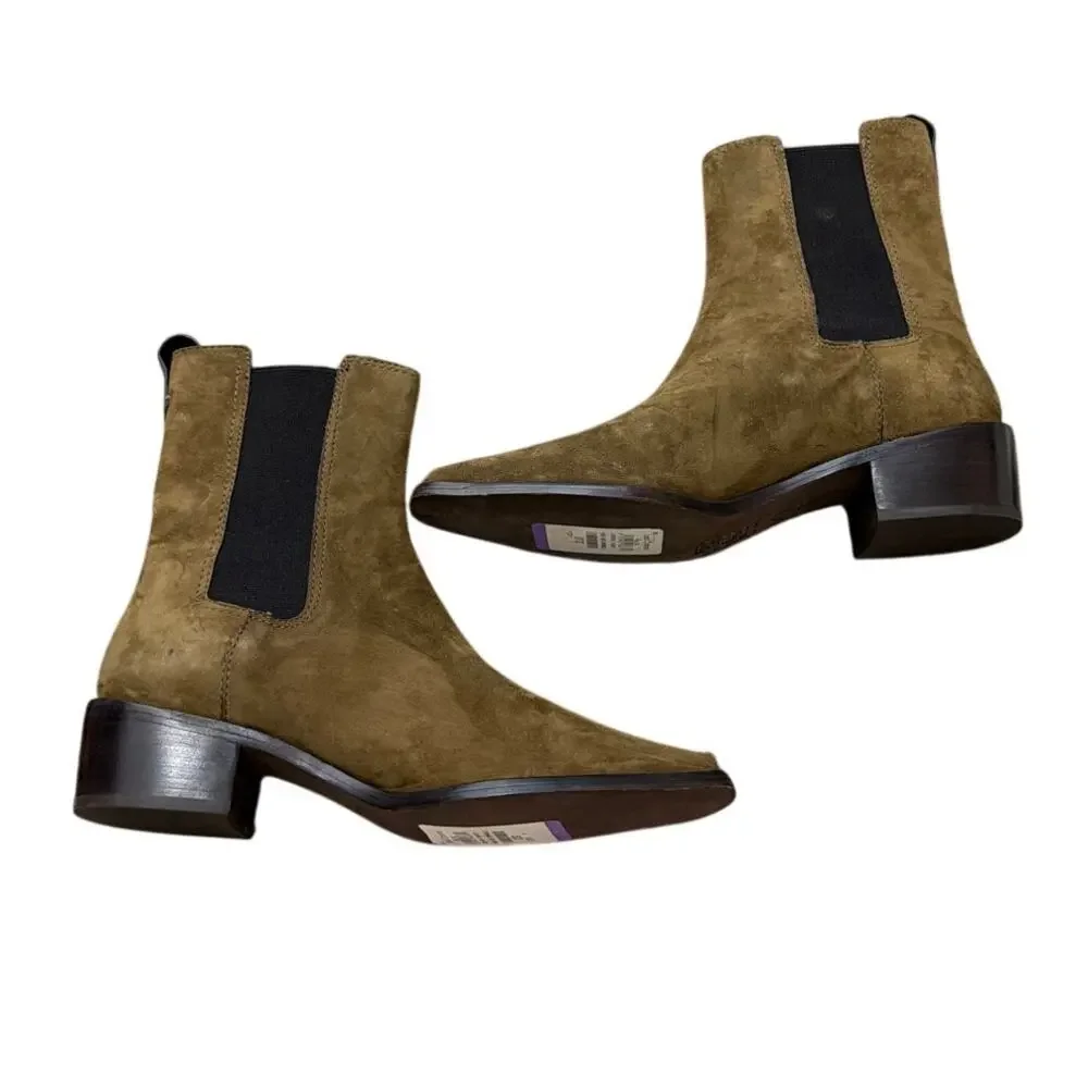 Tory Burch Chelsea Stacked Heel Olive Brown Suede Boots Size 7